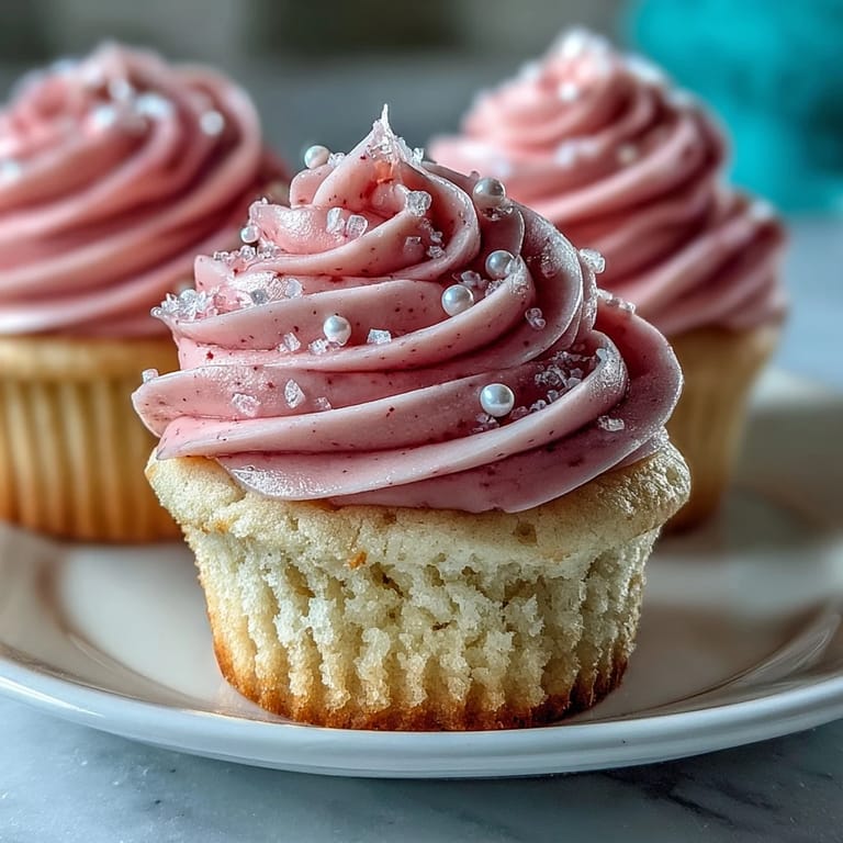 Close-up of a tender pink velvet cupcake with fluffy vanilla buttercream frosting and a sprinkle of sugar.