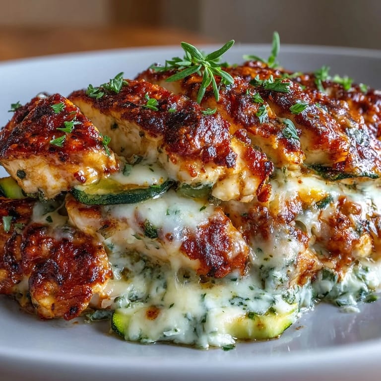 Serving suggestion for High Protein Chicken Zucchini Bake, plated with fresh basil and a side salad for a low carb dinner.