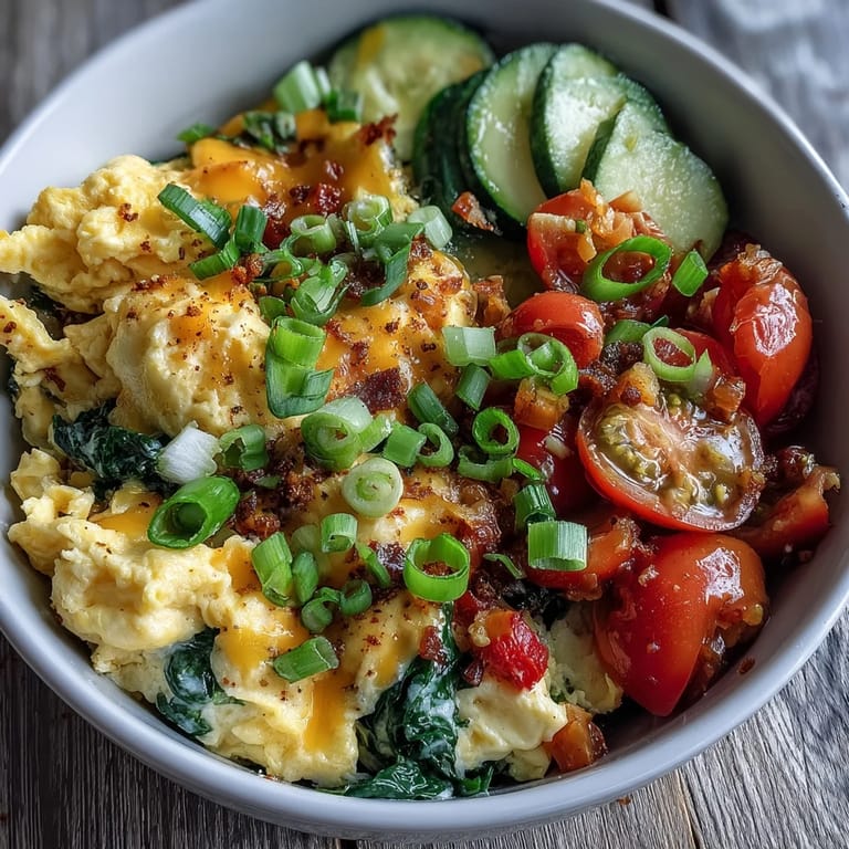 A hearty scrambled egg and veggie bowl with vibrant red peppers and wilted spinach.