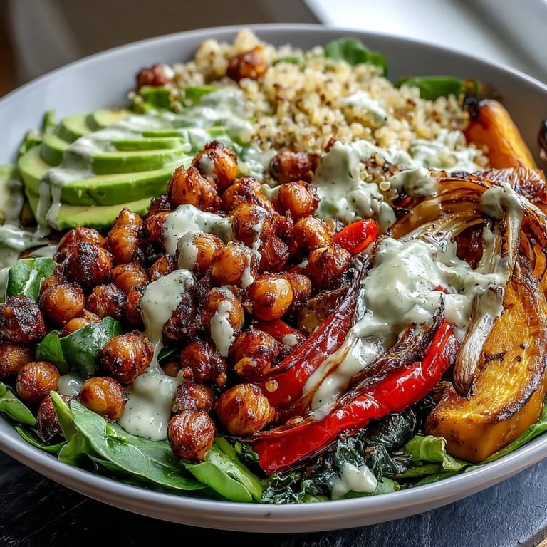 Healthy Roasted Chickpea Power Bowl topped with herbs and colorful vegetables, ideal for a nourishing vegan dinner.