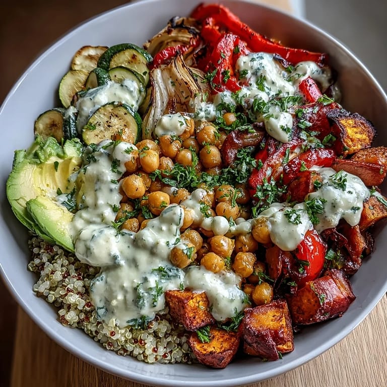 Close-up of a nutritious chickpea power bowl with quinoa, roasted sweet potatoes, and fresh herbs.