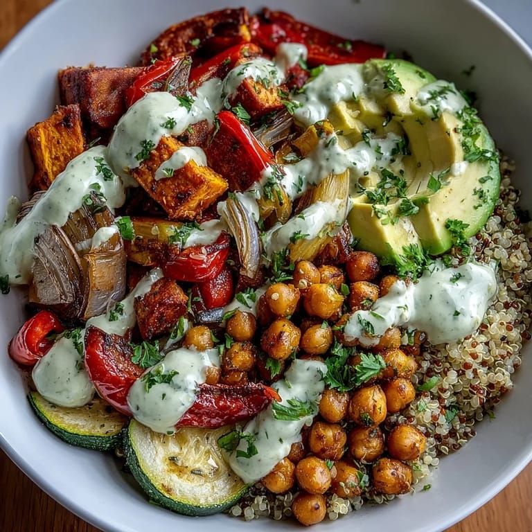 A vibrant chickpea power bowl topped with creamy avocado, tomatoes, and toasted pumpkin seeds.