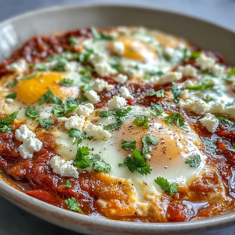 Steaming hot Shakshuka Bowl featuring perfectly poached eggs nestled in rich tomato sauce, garnished with fresh cilantro and feta.