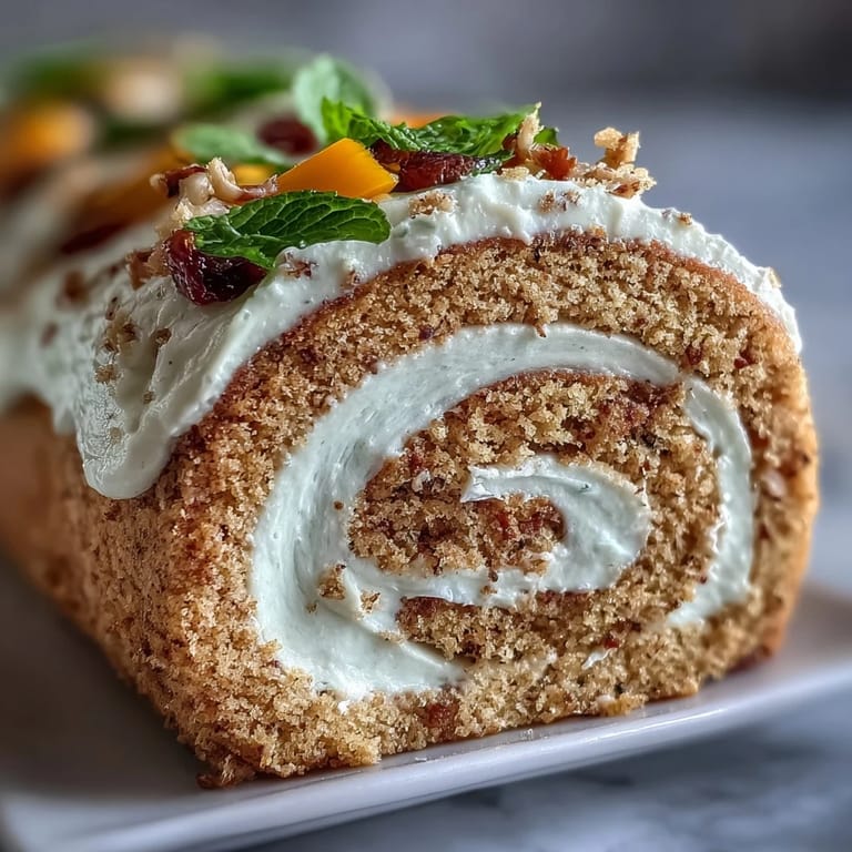 Soft Hojicha Roll Cake with whipped roasted tea cream and thin mango strips, resting on parchment beside a cup of tea.