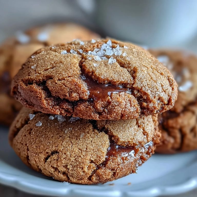 Stack of Hojicha Brown Butter Cookies drizzled with white chocolate, served beside a hot cup of tea.