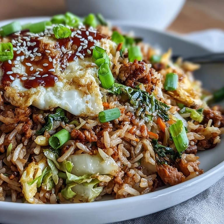 A steaming skillet of Crispy Chicken Fried Rice with Egg Roll Flavors, topped with sesame seeds and fresh green onions.