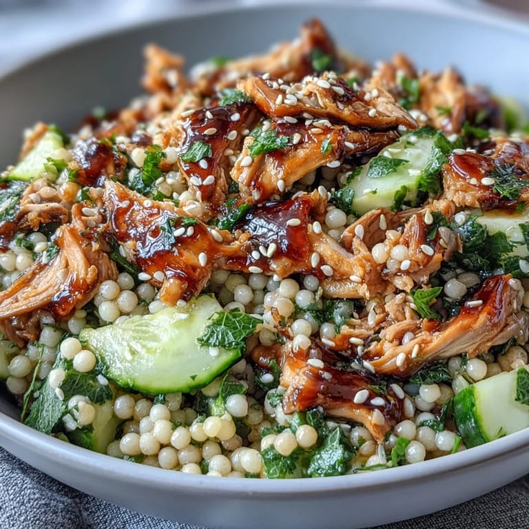 Overhead shot of Asian Sesame Chicken Couscous Salad with carrots and scallions, highlighting the savory sesame-soy dressing and vibrant, fresh ingredients.