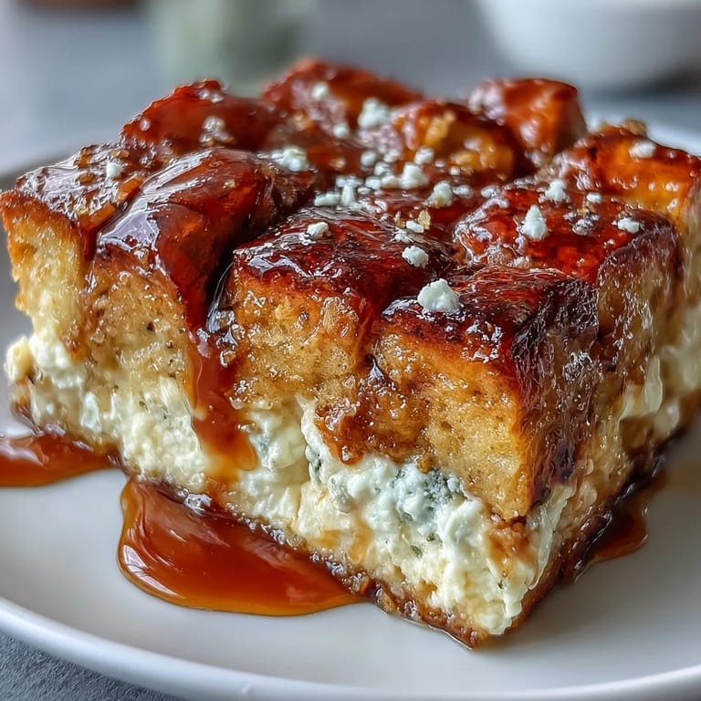 Close-up of a slice of Caramel Cream Cheese French Toast Casserole revealing creamy layers and rich caramel sauce dripping down the side.
