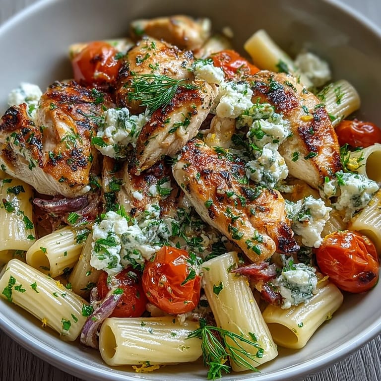 Steam rises from a skillet of Roasted Garlic & Feta Chicken Pasta with blistered cherry tomatoes and lemon zest.