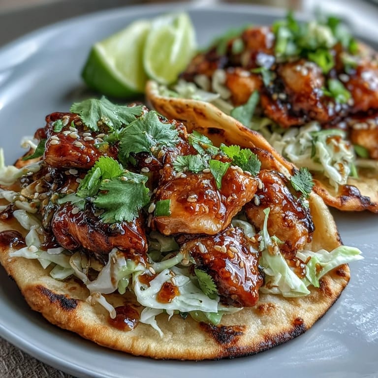 Freshly assembled Honey Garlic Naan Chicken Tacos on a plate, garnished with cilantro and lime wedges for serving.