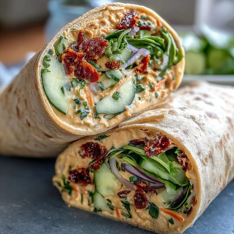Creamy red hummus spread inside a whole wheat tortilla loaded with spinach, carrots, cucumber, and red onion.