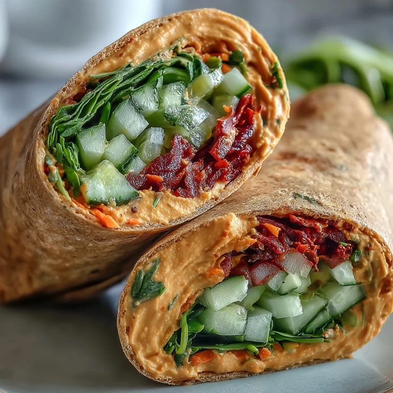 Freshly rolled Mediterranean wraps with bright bell peppers and parsley, ready for a healthy vegan lunch or snack.