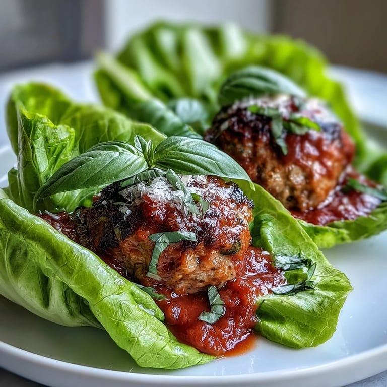 Juicy turkey meatballs coated in bright homemade marinara, tucked into green lettuce leaves for a satisfying gluten-free dinner.