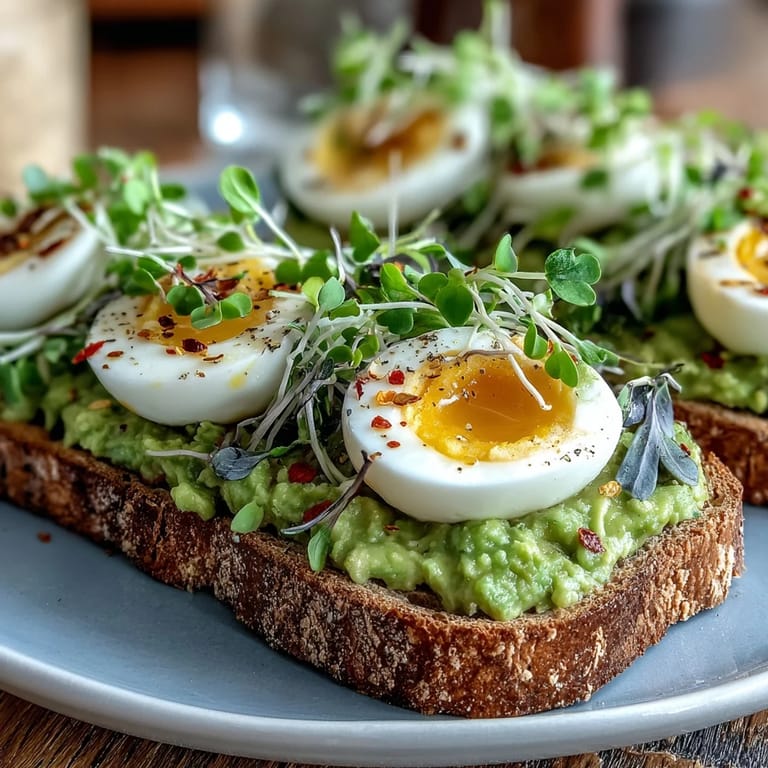 A close-up of Clean Eating Avocado Toast with Soft-Boiled Egg and Microgreens, featuring bright greens and golden yolks on whole grain.