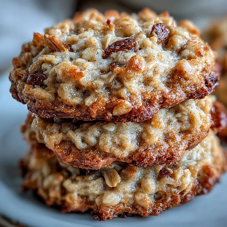 Freshly baked Vegan Banana Oat Breakfast Cookies with oats and raisins cool on a baking sheet.