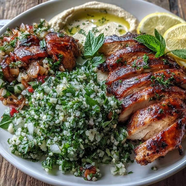 Creamy Mediterranean Grilled Chicken with Hummus and Tabbouleh plated for a vibrant, wholesome dinner.