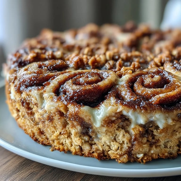 Freshly baked High-Protein Cinnamon Swirl Coffee Cake Oats showing marbled cinnamon swirls in a ceramic dish.