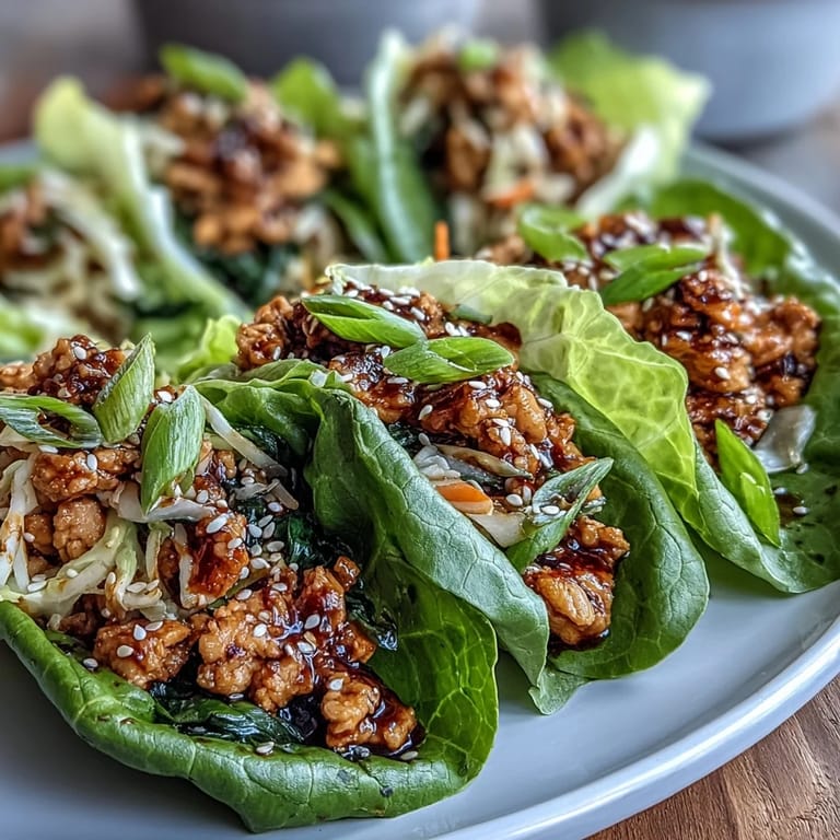 Fresh butter lettuce leaves holding Potsticker-Inspired Chicken Lettuce Boats, topped with scallions and sesame seeds next to a dipping bowl.