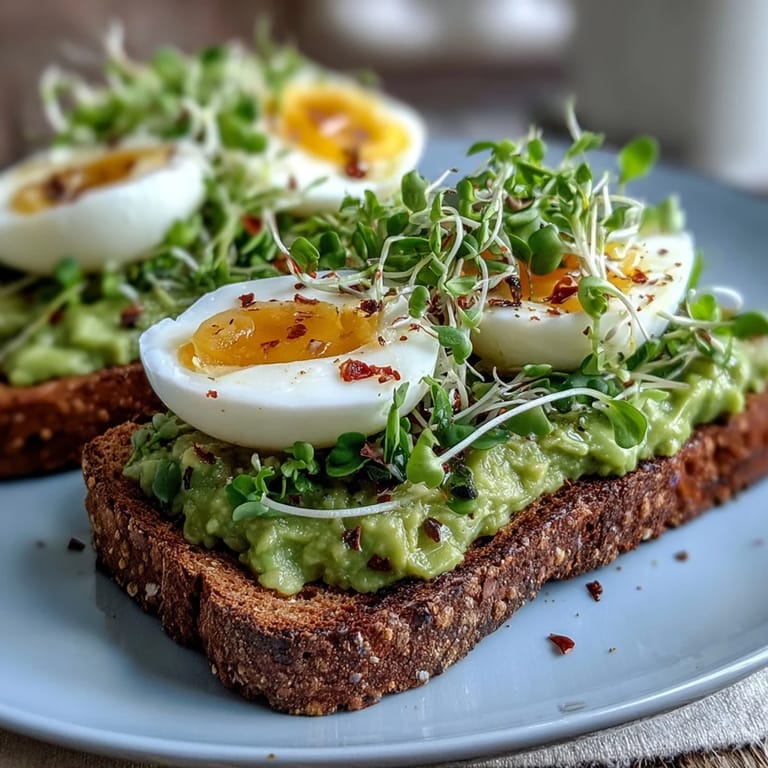 A close-up of Clean Eating Avocado Toast with Soft-Boiled Egg and Microgreens, featuring bright greens and golden yolks on whole grain.