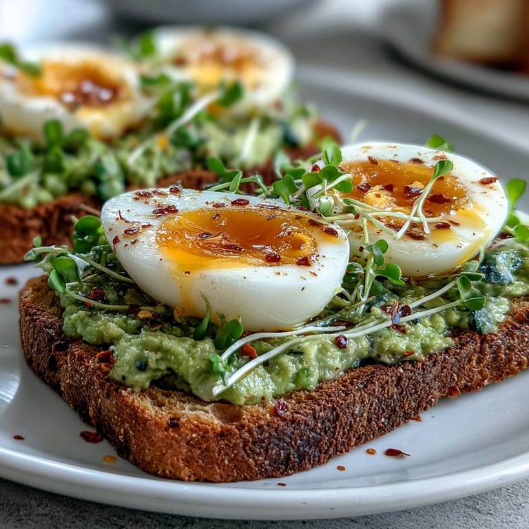 Nutritious avocado egg toast garnished with microgreens and chili flakes, drizzled with olive oil for a flavorful, healthy meal.