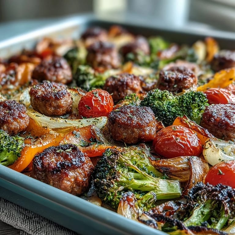 Healthy family dinner of roasted sausage and rainbow vegetables on a sheet pan, bursting with flavor and ready in just 50 minutes.