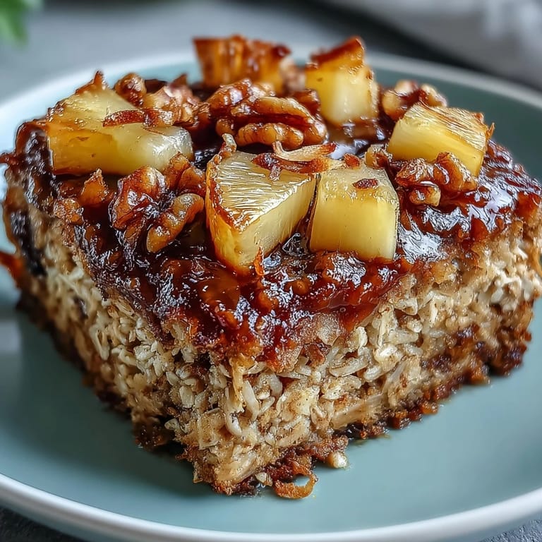 A cozy, plant-based oatmeal bake loaded with pineapple, coconut, and nuts, perfect for a sunny morning meal or brunch gathering.