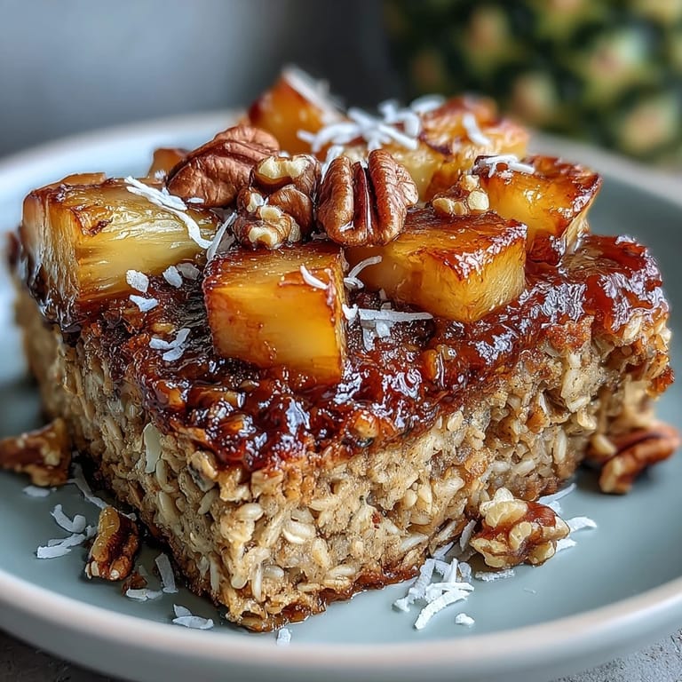 A wholesome vegan breakfast bake featuring oats, banana, and tropical fruits, topped with crunchy coconut flakes and a hint of maple syrup.  