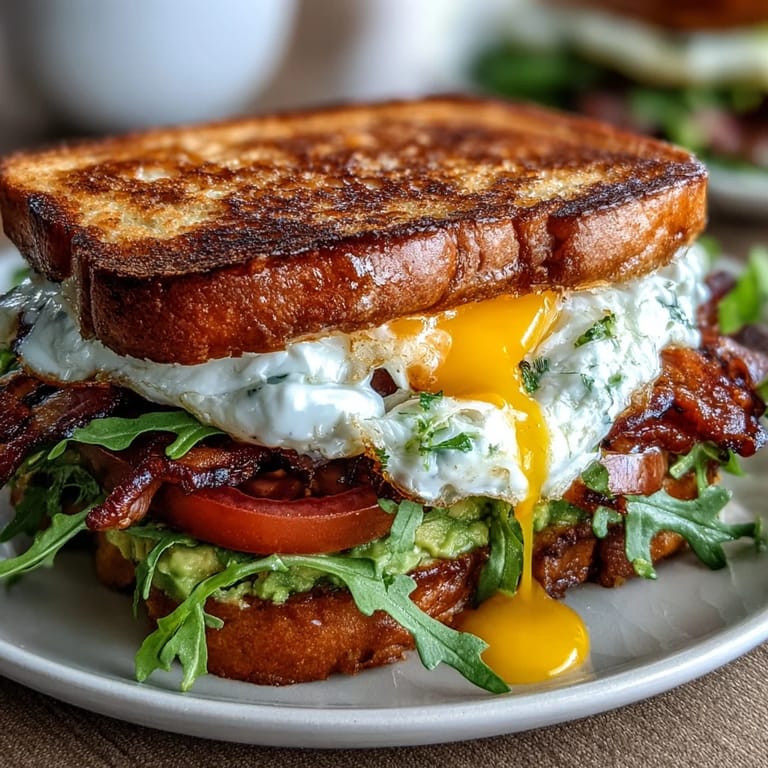 Layered sourdough toast with creamy avocado, fresh tomatoes, greens, and a golden runny egg for a hearty breakfast.