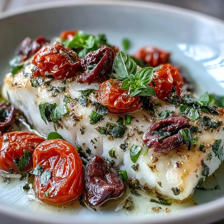 Oven-baked cod fillets topped with juicy cherry tomatoes, Kalamata olives, fresh basil, and parsley in a Mediterranean-style dish.  