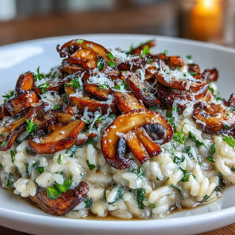 Luxurious truffle oil drizzled over wild mushroom risotto, highlighting golden sautéed mushrooms and creamy Italian rice in a gourmet vegetarian meal.