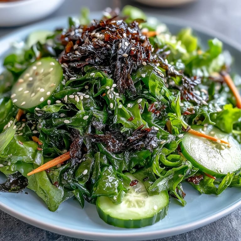 Colorful seaweed and nori salad topped with toasted sesame seeds and crisp vegetables in a tangy dressing.