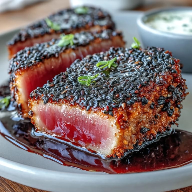 Crispy black sesame seed crust encases tender tuna steak, sliced and paired with zesty wasabi mayonnaise for a striking seafood entrée.  