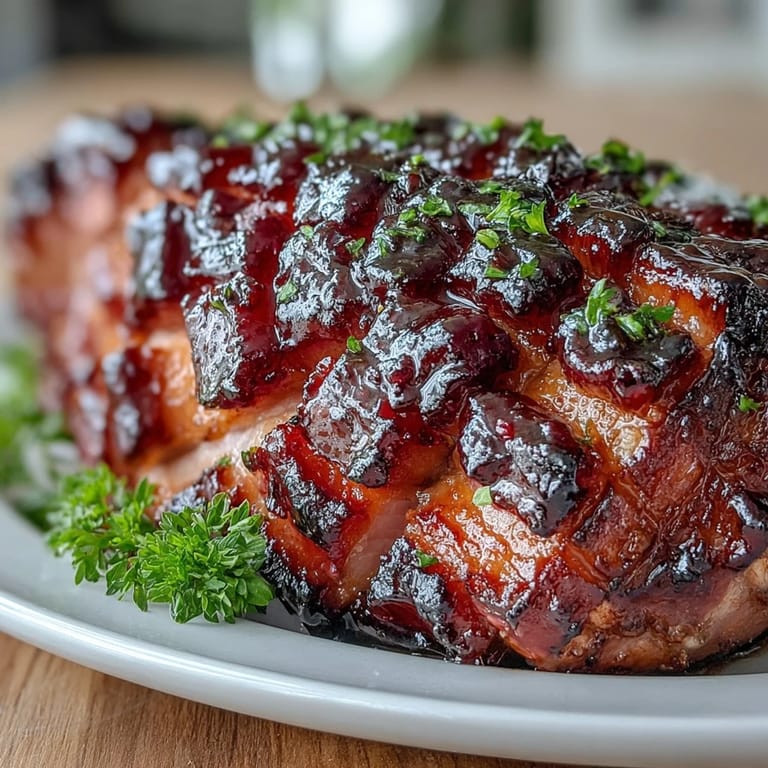 A savory baked ham coated in rich black currant jam glaze, served with fresh thyme and seasonal sides.  