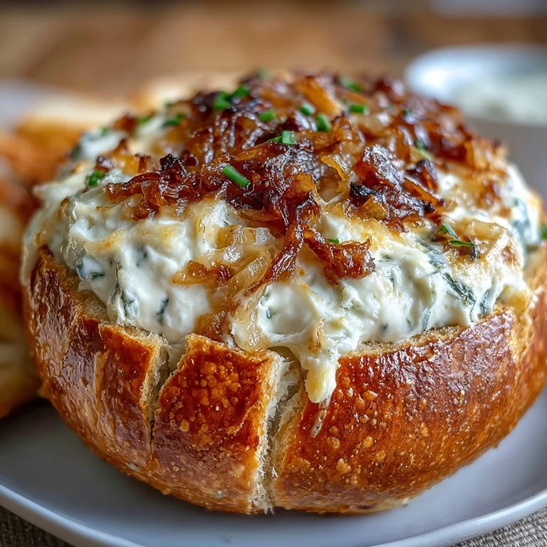 A hearty sourdough bread bowl filled with tangy onion dip, surrounded by toasted bread cubes and fresh veggies.