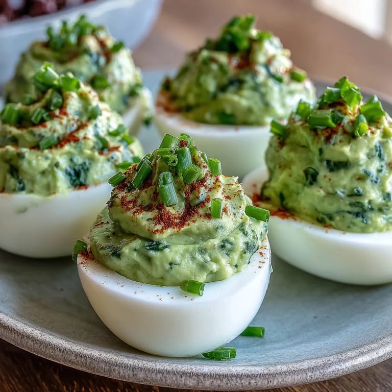 Creamy avocado deviled eggs with a vibrant green filling, perfect for healthy appetizers and holiday gatherings.  