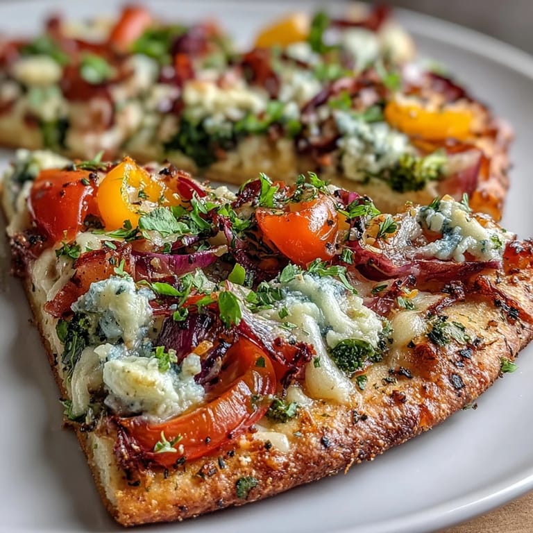 Festive and healthy St. Patricks Day Rainbow Veggie Flatbread Pizza loaded with red tomatoes, orange peppers, yellow corn, green spinach, and purple cabbage on a crispy flatbread crust.