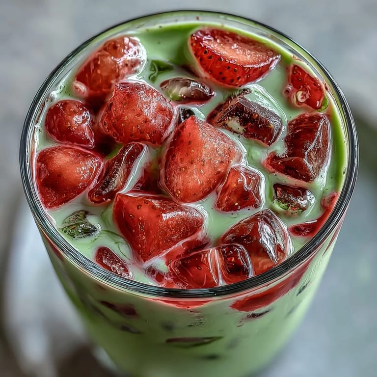 Layers of earthy matcha, sweet strawberry, and rich coconut milk create a stunning dairy-free iced latte, ideal for warm-weather sipping.