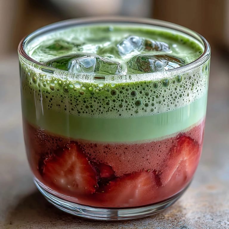 A refreshing dairy-free strawberry matcha latte with sweet fruit puree and earthy green tea, topped with vanilla oat foam.