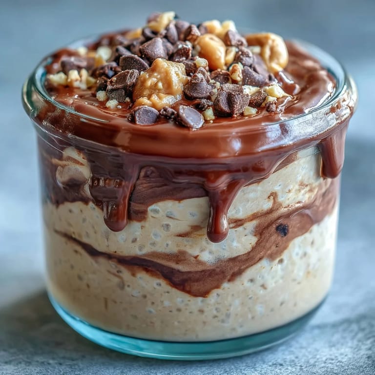 Creamy peanut butter and chocolate overnight oats jar with chia seeds and Greek yogurt, topped with crunchy peanuts and mini chocolate chips.