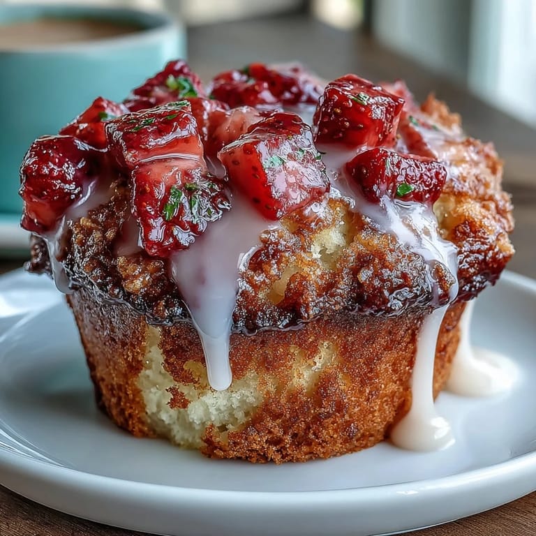 Moist strawberry muffins bursting with fruit and topped with a glossy, citrusy lemon glaze—ideal for brunch or dessert.