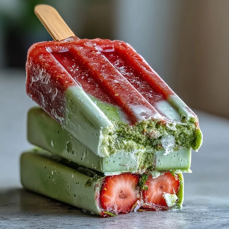 Homemade strawberry matcha latte popsicles with creamy vanilla-infused layers, perfect for cooling down on hot days.