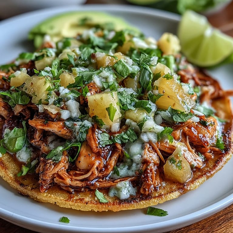 Golden corn tostadas topped with juicy shredded chicken, refreshing pineapple salsa, and sliced avocado for a bright meal.
