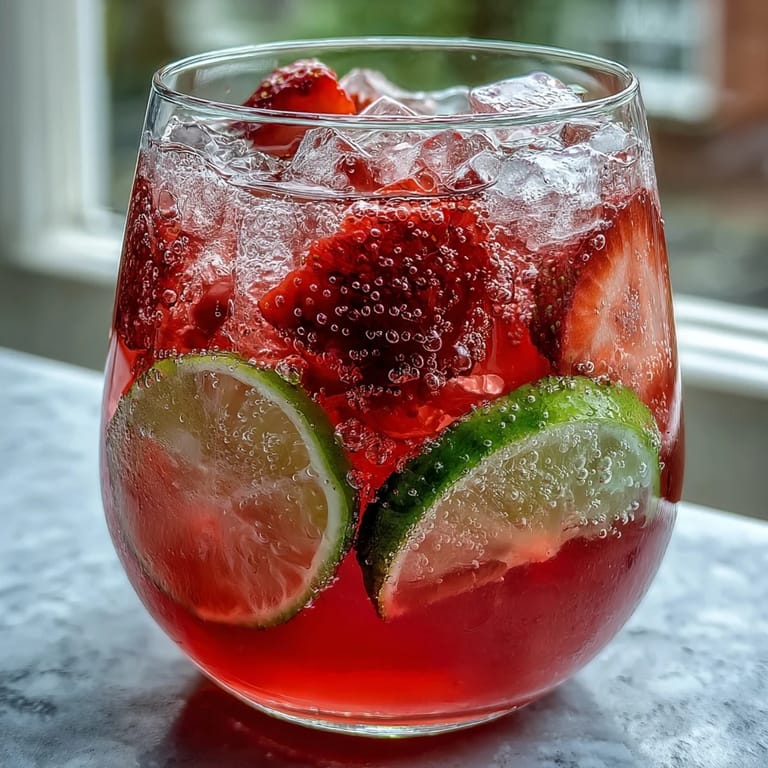 Refreshing spring cocktail-inspired punch with sparkling water, lemon slices, and fresh strawberries in a glass pitcher.