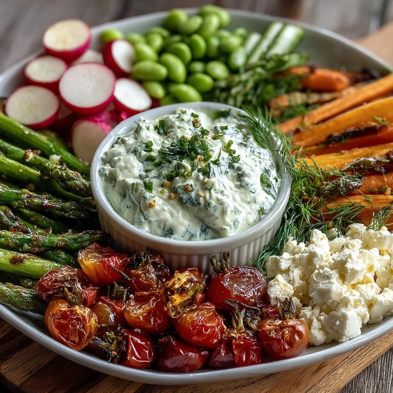 Colorful spring vegetable platter featuring radishes, snap peas, and creamy herb dip, ideal for entertaining guests.