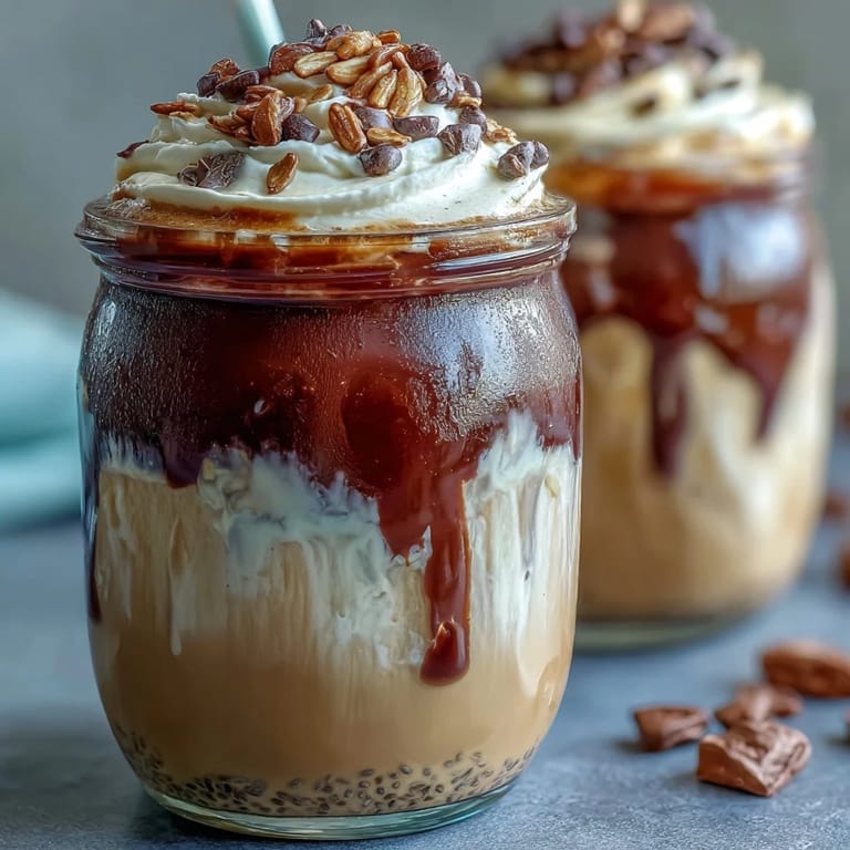 A chilled breakfast jar featuring vanilla-infused oats layered with sweetened espresso, finished with fluffy whipped cream and crunchy granola.