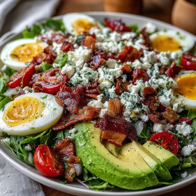 Fresh Spring Cobb Salad with Strawberries and Avocado: colorful arrangement of crisp vegetables, ripe berries, hard-boiled eggs, and crumbled feta, drizzled with balsamic dressing.