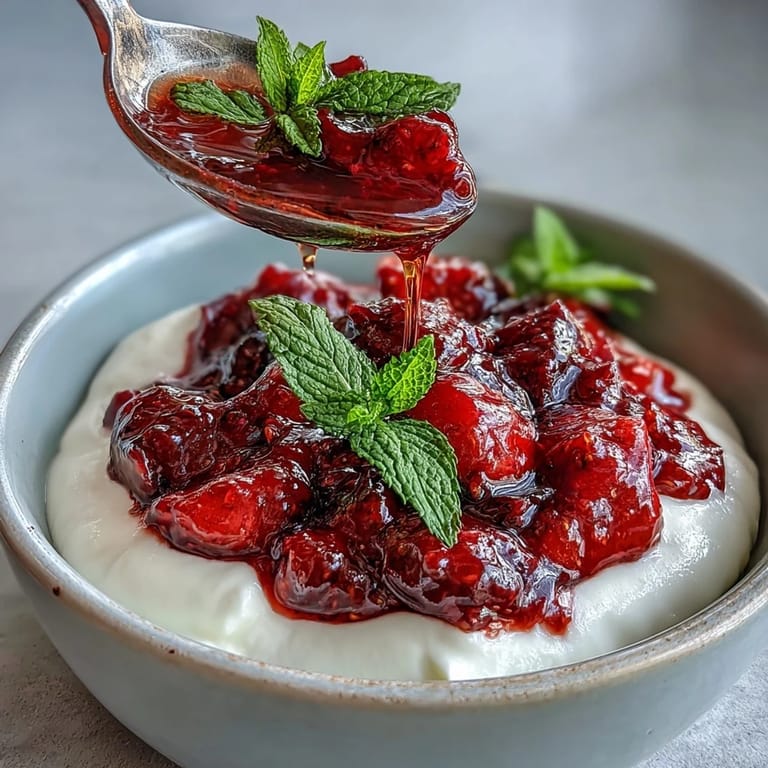 Homemade strawberry compote spooned over thick Greek yogurt for a refreshing, fruity dessert.