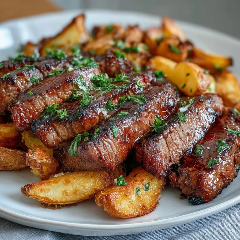 Juicy sirloin steak cubes are seared and tossed with buttery Yukon Gold potatoes, fragrant garlic, and fresh herbs in a cast-iron pan.