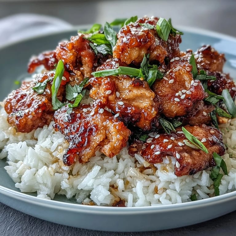 Honey Garlic Chicken with Rice: slow-cooked chicken thighs in a sticky honey garlic glaze, paired with fluffy rice for a comforting meal.
