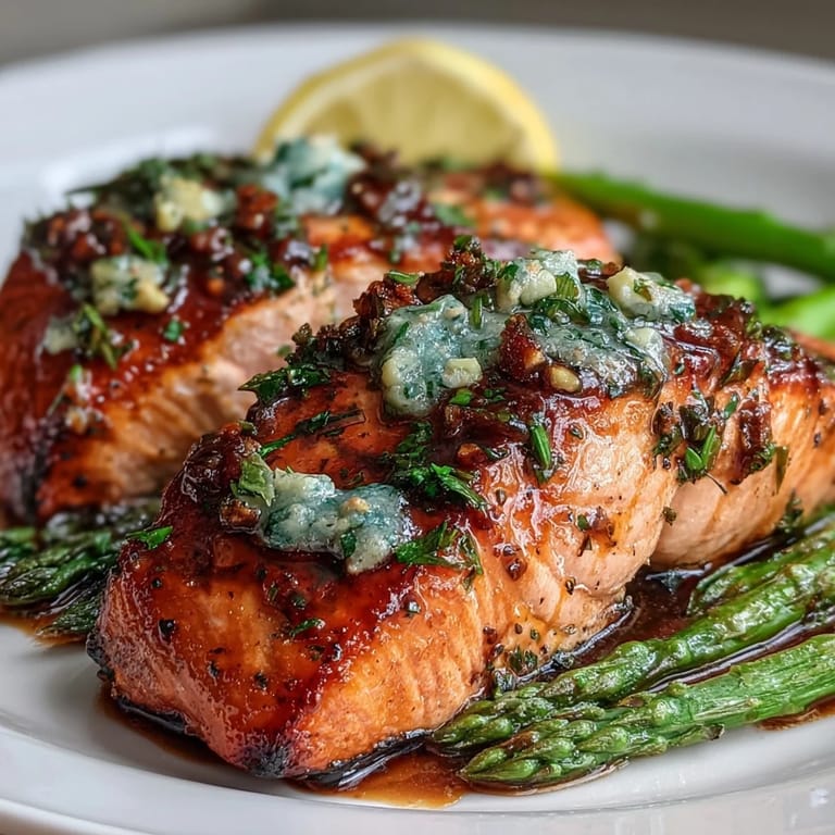 Aromatic garlic butter salmon and tender asparagus roasted to perfection, garnished with parsley for a flavorful and healthy main course.